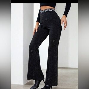 SHEIN Privé Letter Graphic Flare Leg Lurex Metallic  Pants black Sz XL